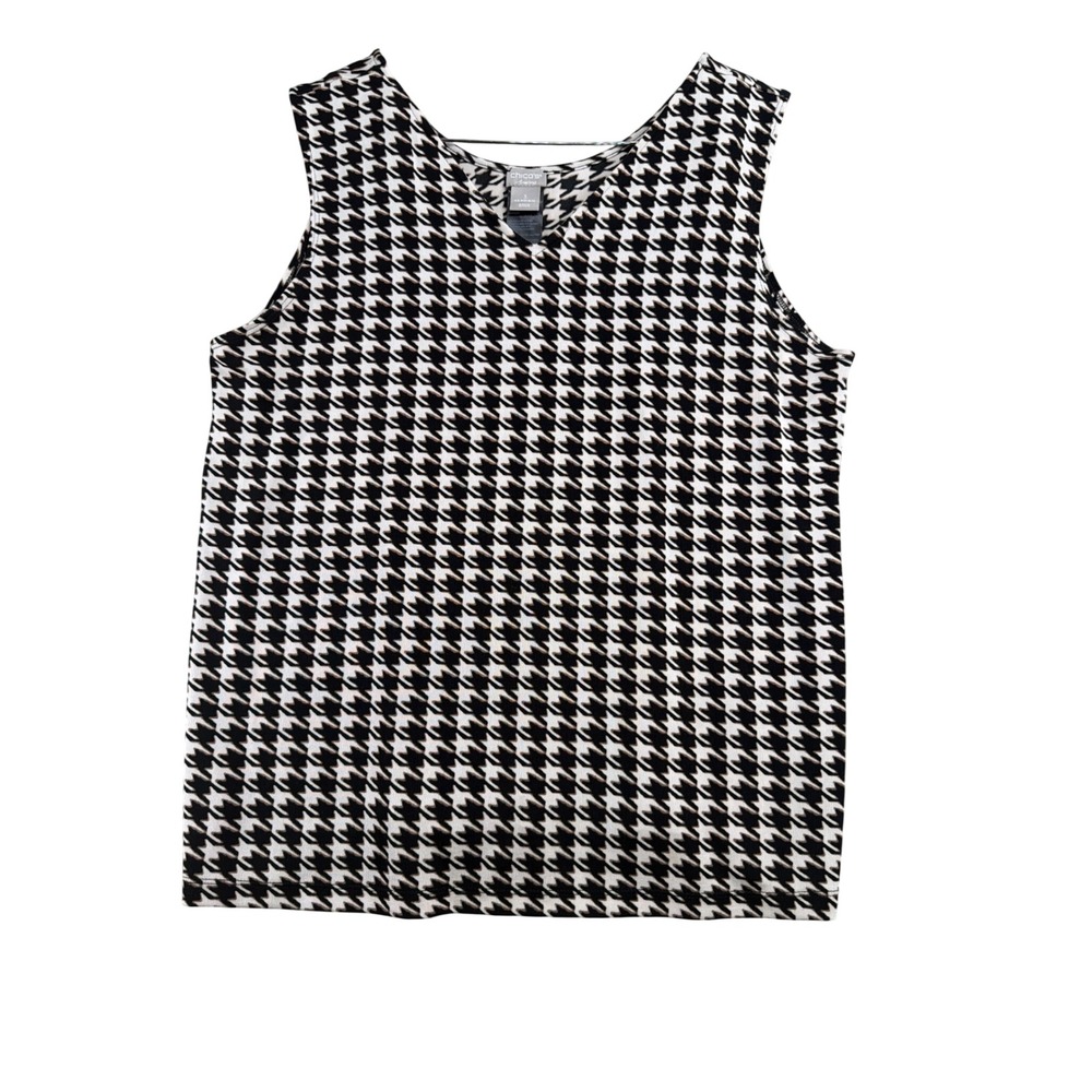 Chicos Travelers Tank Top Womens 3 XL Black White Houndstooth V-Neck Sleeveless